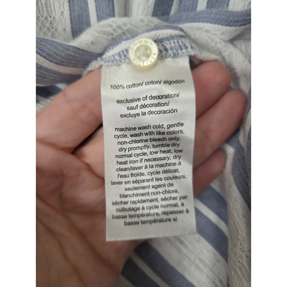 Tommy Hilfiger Blue White Striped Eyelet Lace Henley Long Sleeve Blouse Top - Picture 10 of 13